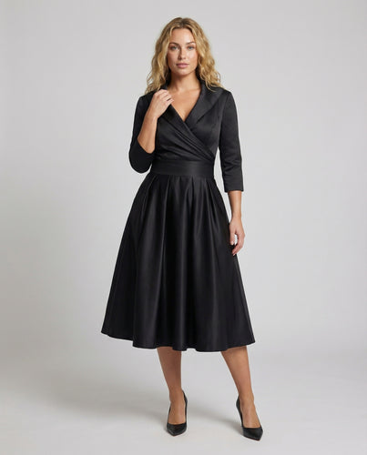 Damen Retro Schalkragen Midikleid