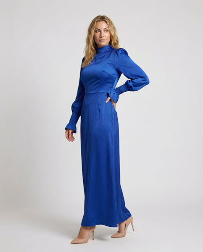 Damen Schimmernde Gerüschte-Manschetten Satin-Maxikleid