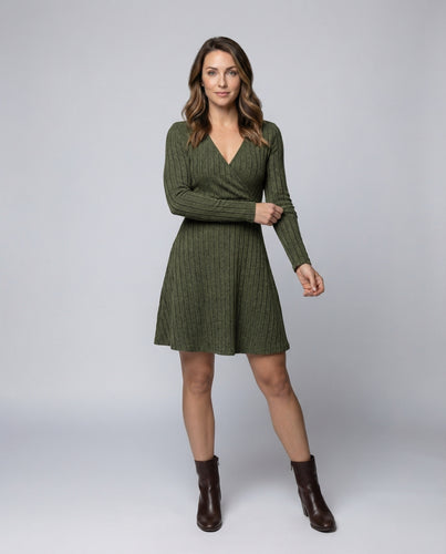 Damen Gerippte Wickel-V-Ausschnitt Strickkleid