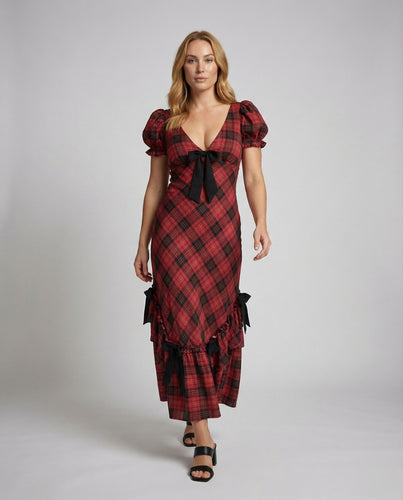 Damen Karomuster Empire-Passform Maxikleid