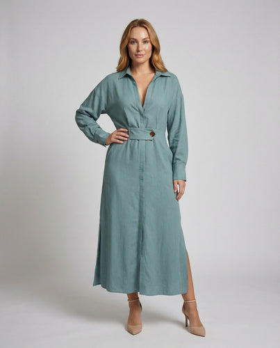 Damen Lange Taillenriegel Kittelkleid