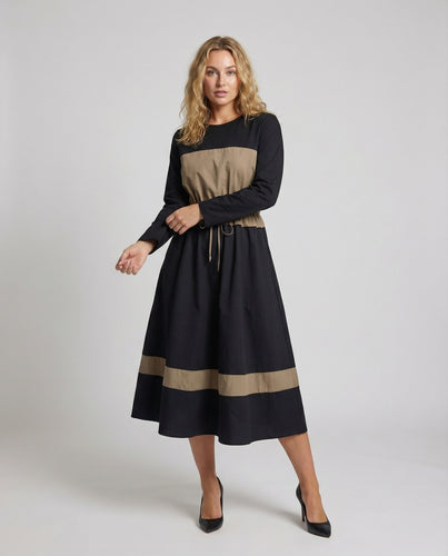 Damen Schlichte Kontrastpasse Midikleid
