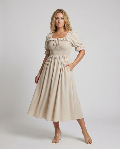 Damen Romantische Smock-Oberteil Midikleid