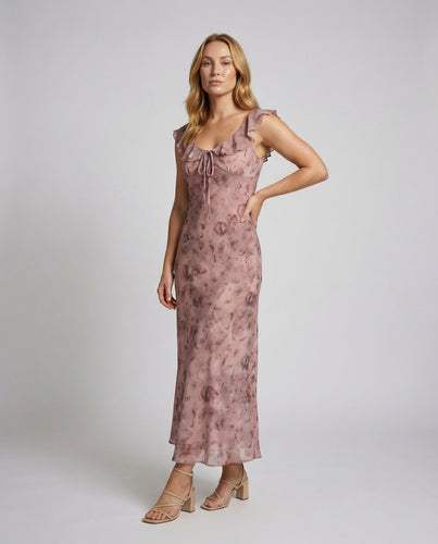Damen Schräg-Geschnittene Volant-Schultern Slip-Maxikleid