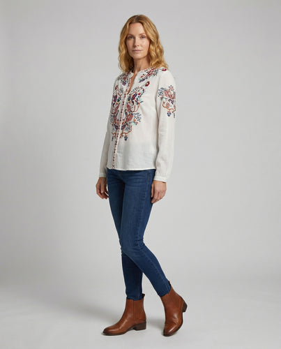Damen Boho Bluse Stickerei V-Ausschnitt