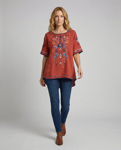 Damen Boho Tunika Bluse Stickerei A-Linie