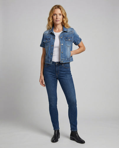 Damen Jeansjacke Cropped Kurzarm Oversize