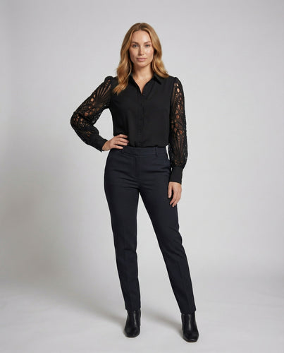 Damen Satinbluse Spitze Einsatz Elegant