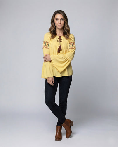 Damen Bluse Ethno Quasten Glockenarm