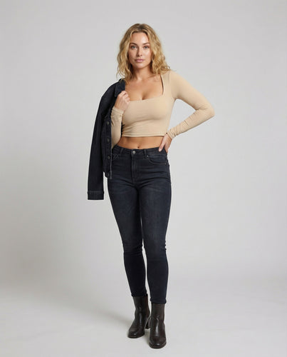 Damen Cropped Top Langarm Figurbetont