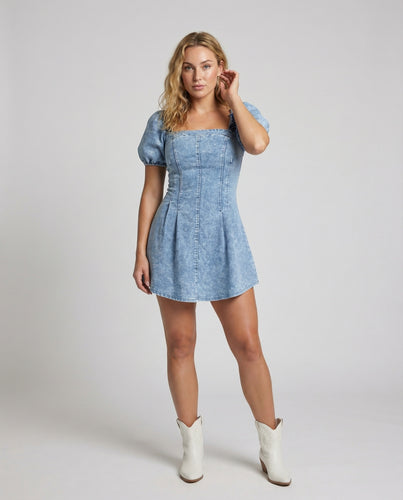 Damen Denim Minikleid Puffärmel