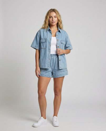 Damen Denim Set Hemdjacke Shorts