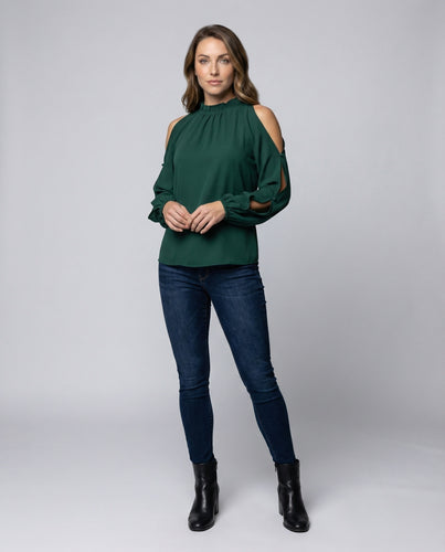 Damen Chiffonbluse Schulterfrei Stehkragen