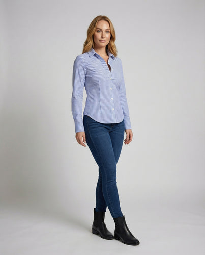 Damen Hemdbluse Tailliert Gestreift Kentkragen