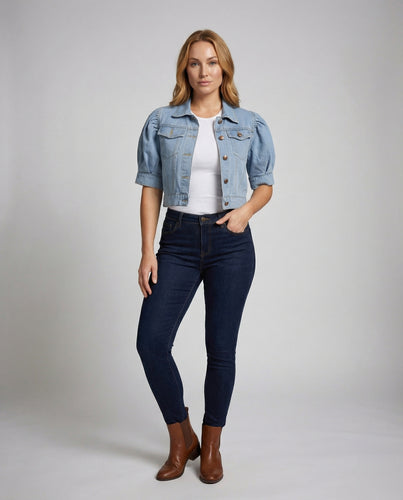 Damen Kurzjeansjacke Tailliert Puffärmel