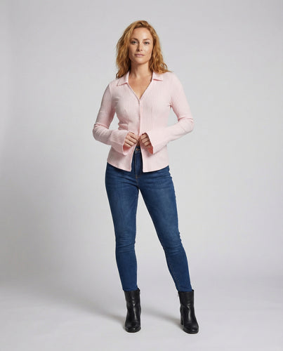 Damen Rippbluse Tailliert Hemdkragen