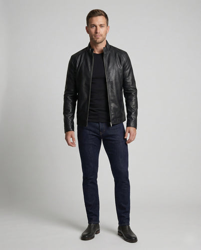 Herren Kunstlederjacke Figurnah Stehkragen
