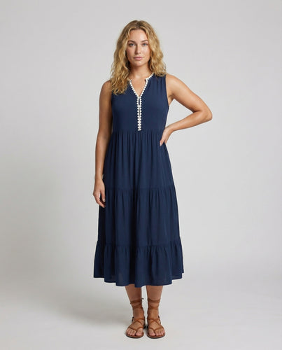 Damen Empire Stufenmidikleid mit Häkelborte