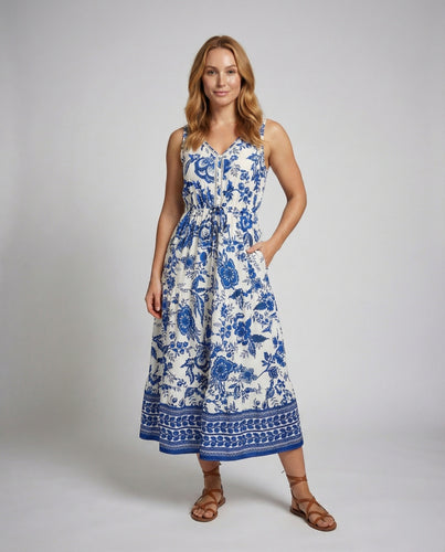 Damen Volant Maxikleid mit Kordeltaille