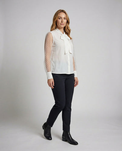 Damen Punkte Chiffonbluse mit Schleifenkragen