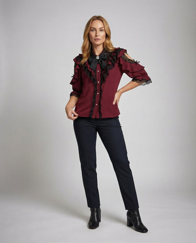 Damen Kaskadenvolant Spitzenbluse mit Brosche