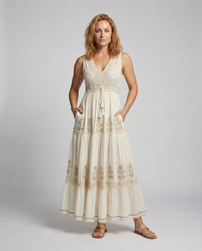 Damen Boho Maxikleid mit Häkel-Bustier