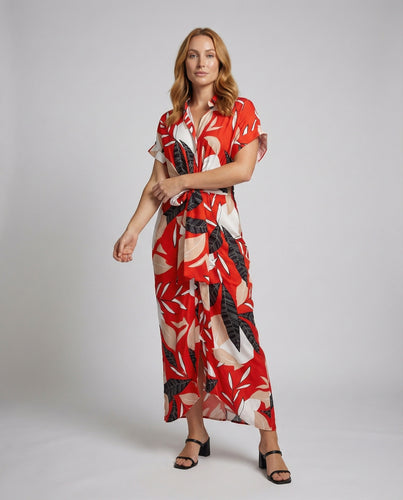 Damen Tropenprint Maxikleid mit Hemdkragen