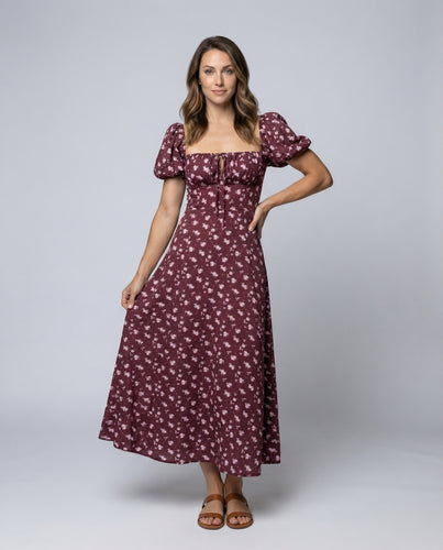 Damen Corsagen Maxikleid mit Puffärmeln