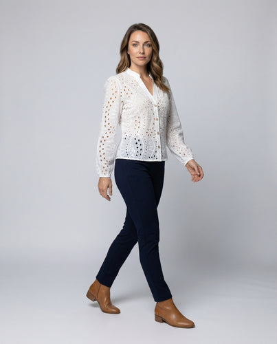 Damen Lochstickerei Spitzenbluse mit V-Ausschnitt