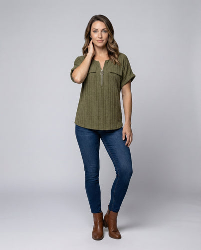 Damen Gerippte Reißverschluss Strickbluse