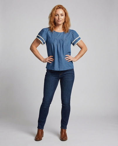 Damen Cropped Chambray Puffärmel Top