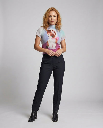 Damen Katzenprint Stehkragen Stricktop