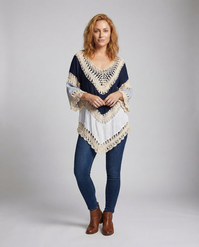 Damen Boho Spitzenbluse mit Häkelbesatz