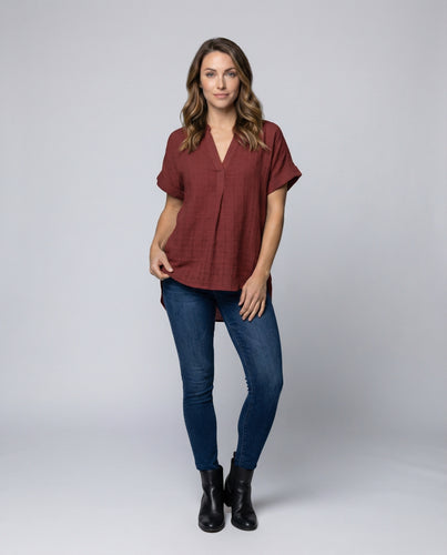 Damen V-Ausschnitt Tunika-Bluse mit Umschlagärmeln