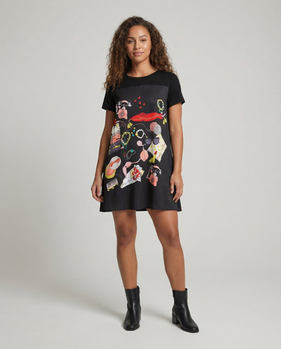 Damen Accessoire-Print A-Linien Jerseykleid