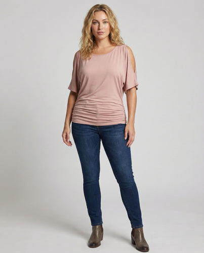 Damen Schulterfreies Raffung Jersey-Kurzarmshirt