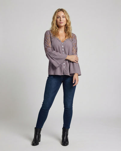 Damen Boho Häkel-Schulterpasse Bluse