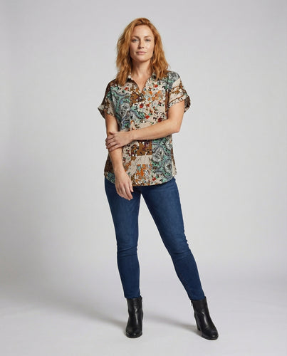 Damen Patchwork-Paisley Reverskragen Hemdbluse