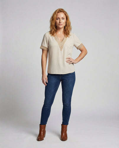Damen Viskose Spitzen-V-Ausschnitt Bluse