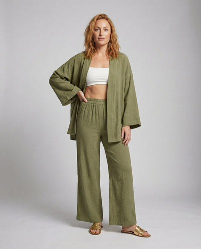 Damen Leinenoptik Kimono-Palazzo Zweiteiler