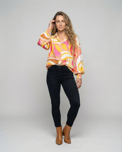 Damen Wellenprint Manschetten-Bluse
