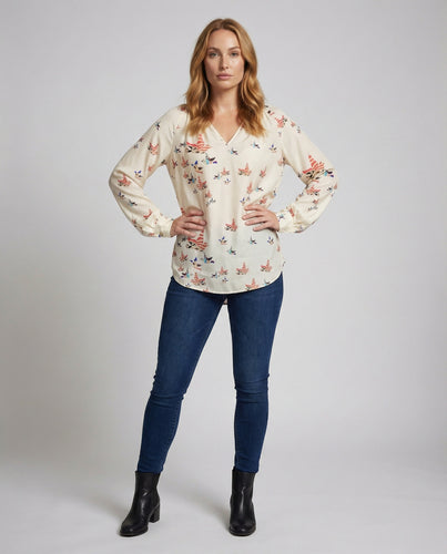 Damen Vogelprint Tunnelzug Viskosebluse