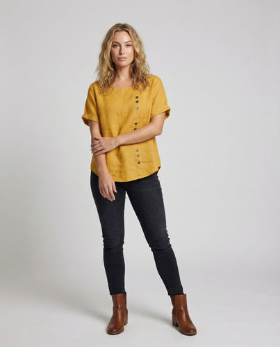 Damen Dekorknopf Kurzarm Tunika-Bluse