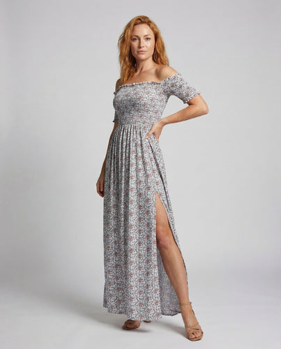 Damen Carmen-Ausschnitt Smok-Maxikleid