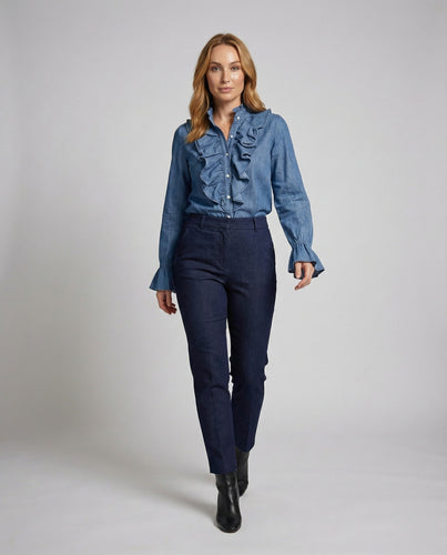 Damen Volantkragen Denimbluse