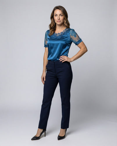 Damen Spitzen-Applikation Seidenähnliche Bluse