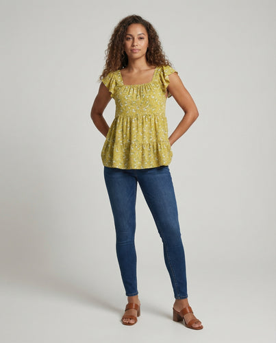 Damen Karree-Ausschnitt Flatterärmel Babydoll-Top