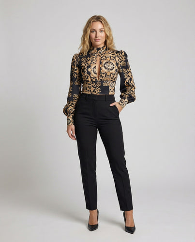 Damen Satin Ballonärmel Stehkragenbluse