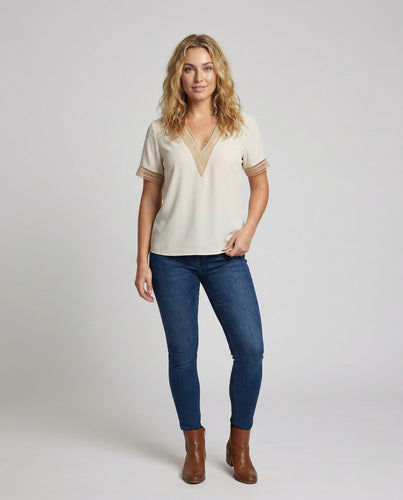 Damen Kastiges Crêpe Häkelspitzen-Top