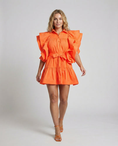 Damen Stufenrock Volantärmel Hemdblusenkleid